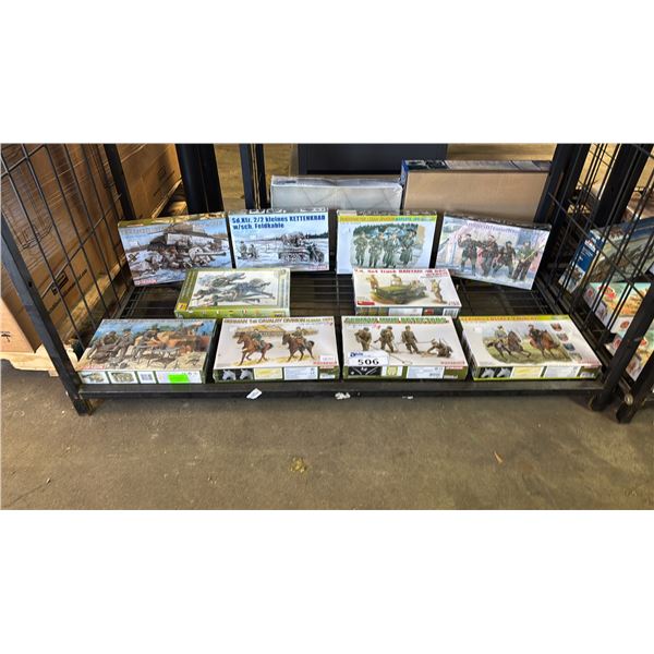 SHELF OF ASSORTED MODEL KITS: TANKS, GERMAN MINE DETECTORS, GERMAN COSSACK CAVALRY & MORE