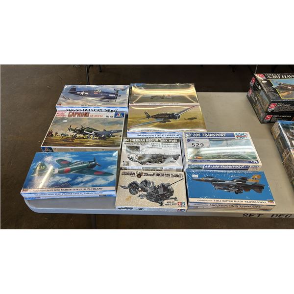 (10) ASSORTED MODEL KITS: AIRPLANES, TANKER, HELICOPTER & MORE
