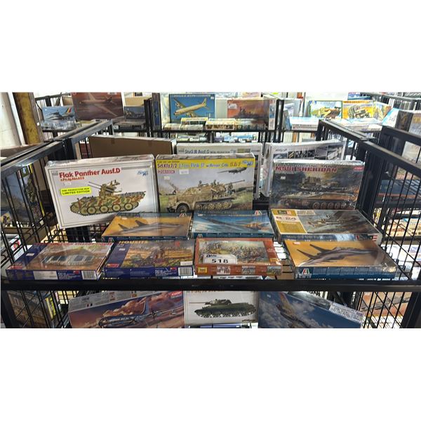 SHELF OF ASSORTED MODEL KITS: AIRPLANES, TANKS, EAST EUROPEAN HOUSE & MORE