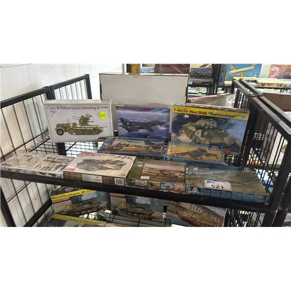 SHELF OF ASSORTED AIRCRAFT & MILITARY VEHICLE MODEL KITS