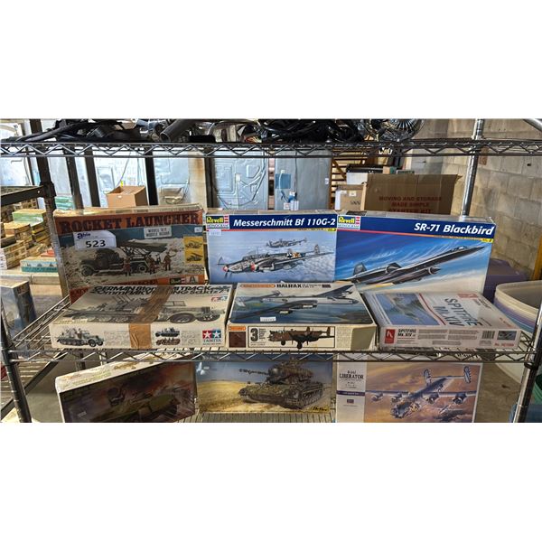 SHELF OF ASSORTED AIRPLANE & MILITARY VEHICLE MODEL KITS