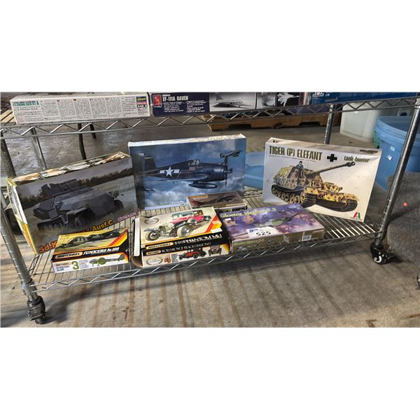SHELF OF ASSORTED MODEL KITS: AIRPLANES, TANKS & A ROLLS ROYCE PHANTOM