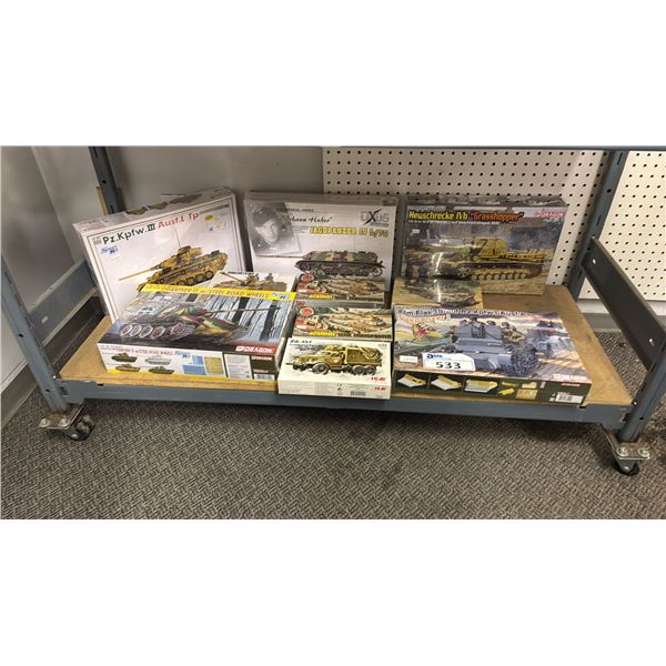 SHELF OF ASSORTED TANK MODEL KITS