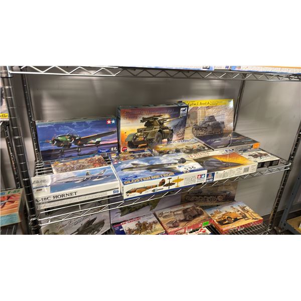 SHELF OF ASSORTED AIRPLANE, TANK & FIGURE MODEL KITS