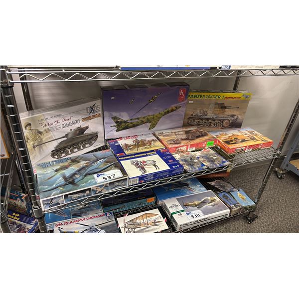 SHELF OF ASSORTED MODEL KITS: AIRPLANES, TANKS, MILITARY VEHICLES & MORE