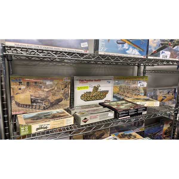 SHEL FO ASSORTED MODEL KITS: TANKS, MILITARY VEHICLES, DIE CAST CAR GARAGE ACCESSORIES & MORE