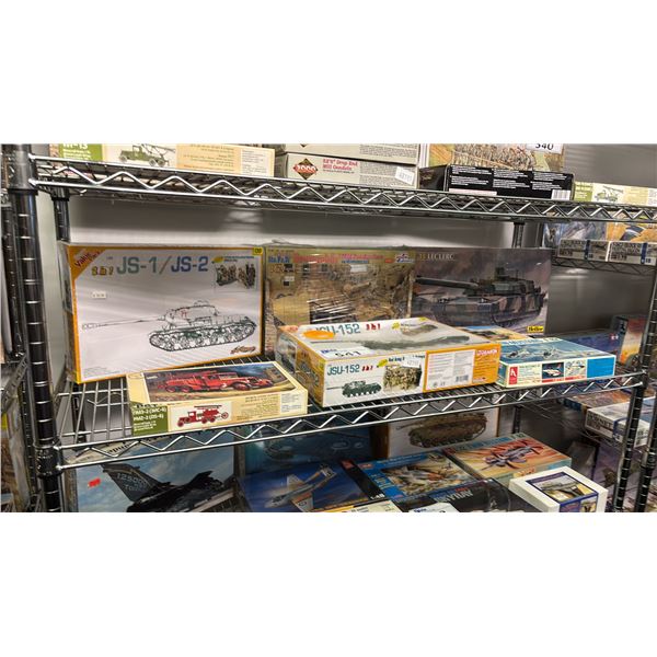 SHELF OF ASSORTED MILITARY VEHICLE MODEL KITS
