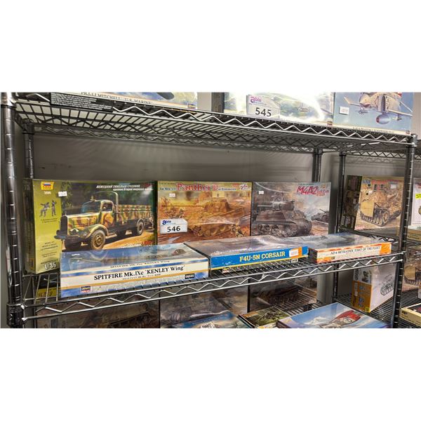 SHELF OF ASSORTED AIRPLANE & MILITARY VEHICLE MODEL KITS