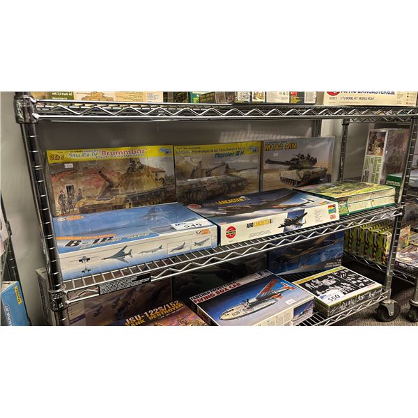 SHELF OF ASSORTED AIRPLANE & MILITARY VEHICLE MODEL KITS