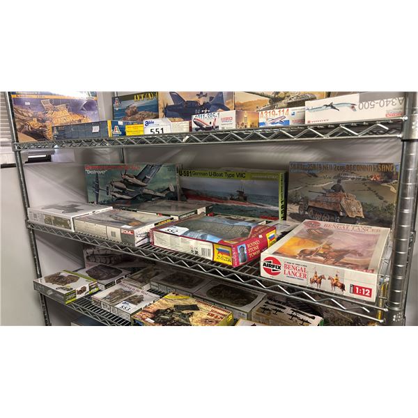 SHELF OF ASSORTED MODEL KITS: AIRPLANES, MILITARY VEHICLES, U-BOAT, BENGAL LANCER & MORE