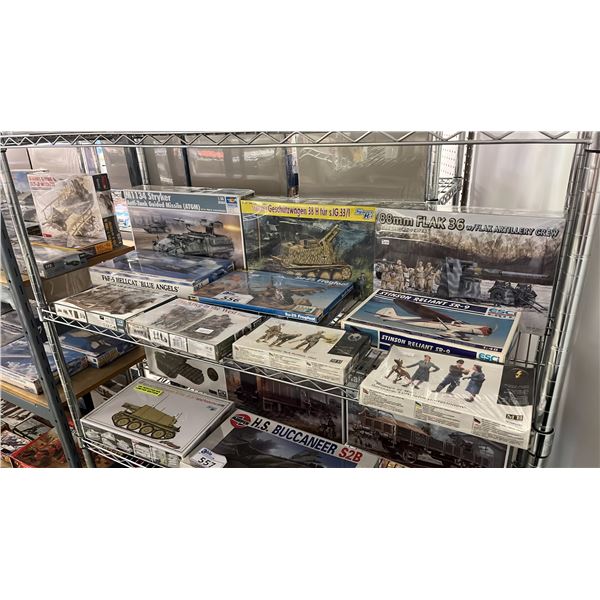 SHELF OF ASSORTED MODEL KITS: AIRPLANES, TANKS & ASSORTED FIGURE KITS
