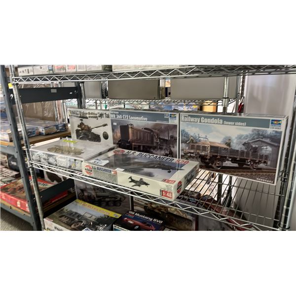 SHELF OF ASSORTED MODEL KITS: AIRPLANES, MILITARY VEHICLES & ASSORTED FIGURE KITS