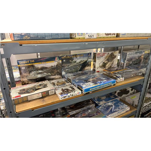 SHELF OF ASSORTED MODEL KITS: AIRPLANES, MILITARY VEHICLES & MORE
