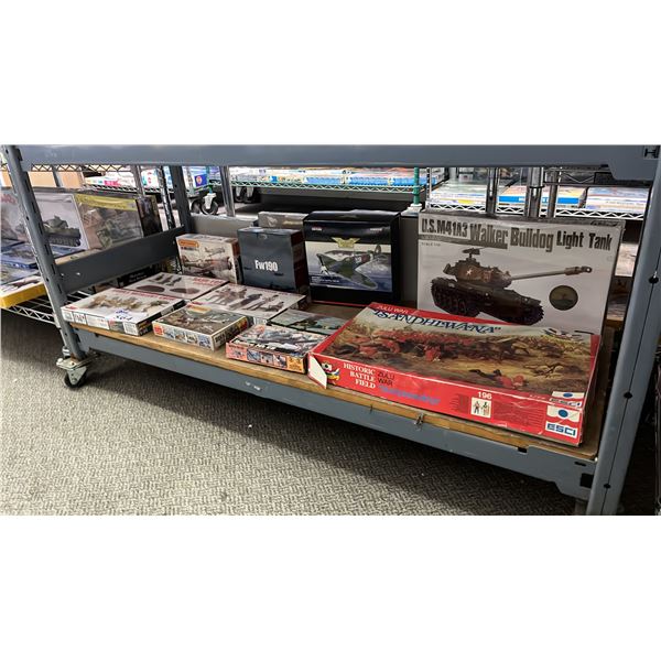 SHELF OF ASSORTED MODEL KITS: AIRPLANES, TANK & ASSORTED FIGURE KITS