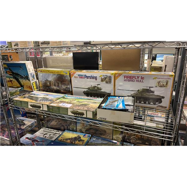 SHELF OF ASSORTED AIRPLANE & MILITARY VEHICLE MODEL KITS