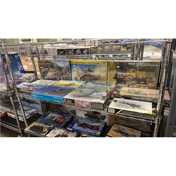 SHELF OF ASSORTED AIRPLANE & MILITARY VEHICLE MODEL KITS