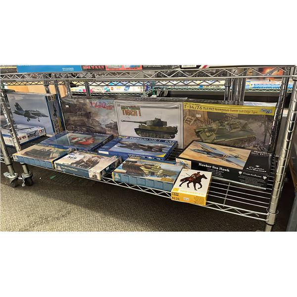 SHELF OF ASSORTED AIRPLANE & MILITARY VEHICLE MODEL KITS