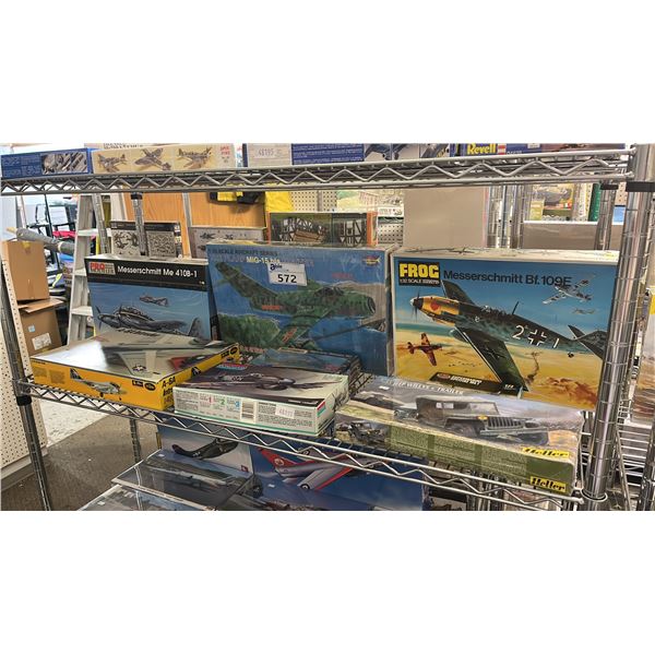 SHELF OF ASSORTED AIRPLANE & MILITARY VEHICLE MODEL KITS
