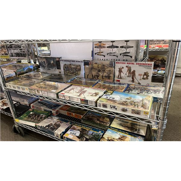 SHELF OF ASSORTED MILITARY VEHICLE & MILITARY FIGURE MODEL KITS