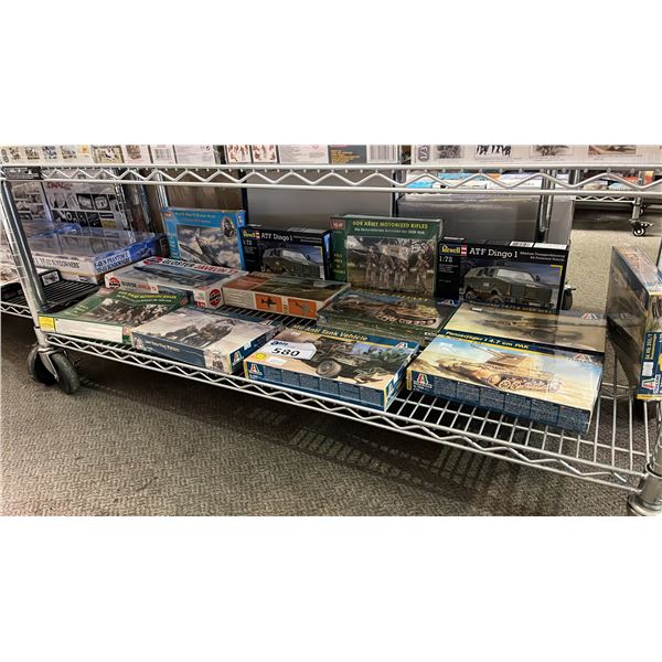 SHELF OF ASSORTED MILITARY VEHICLE & MILITARY FIGURE MODEL KITS