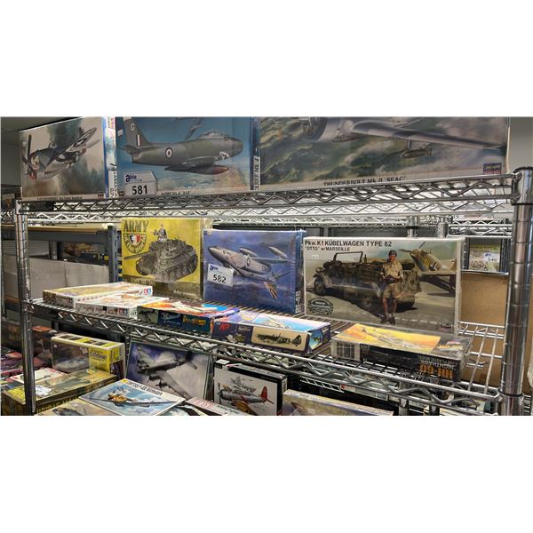 SHELF OF ASSORTED AIRPLANE & MILITARY VEHICLE MODEL KITS