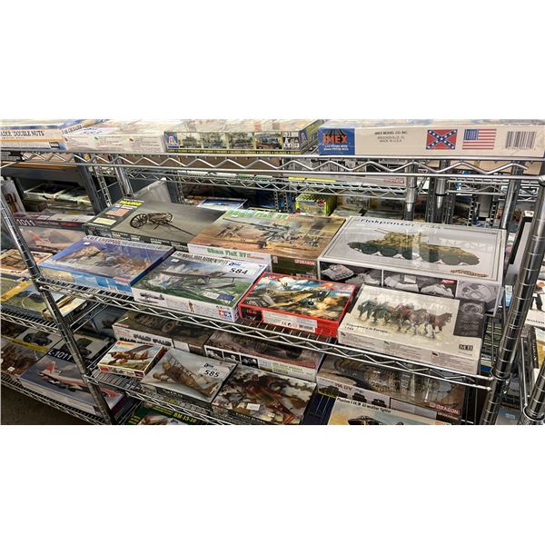 SHELF OF ASSORTED AIRCRAFT, SHIP & MILITARY VEHICLE MODEL KITS