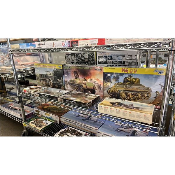 SHELF OF ASSORTED AIRPLANE & MILITARY VEHICLE MODEL KITS