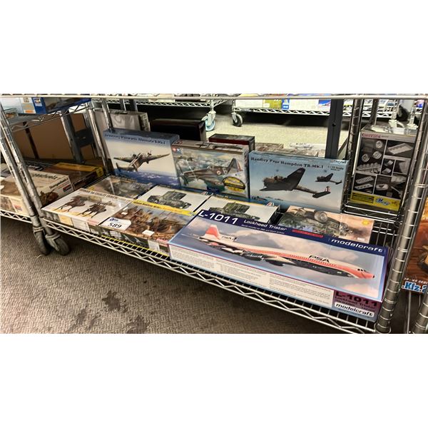 SHELF OF ASSORTED AIRPLANE & MILITARY VEHICLE MODEL KITS