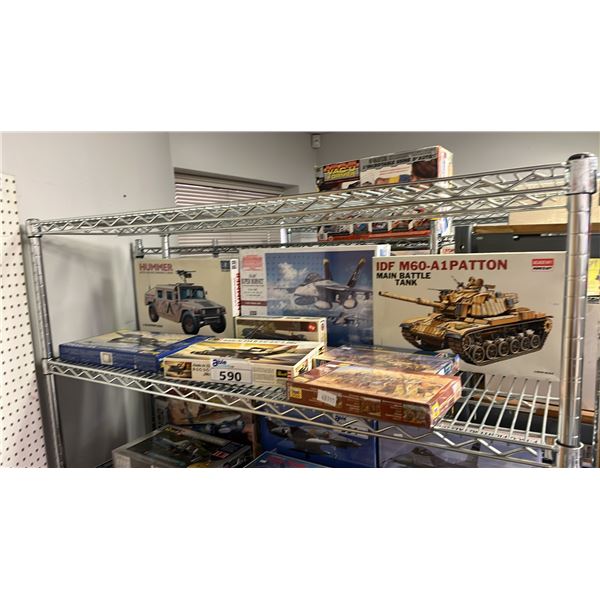 SHELF OF ASSORTED AIRPLANE & MILITARY VEHICLE MODEL KITS