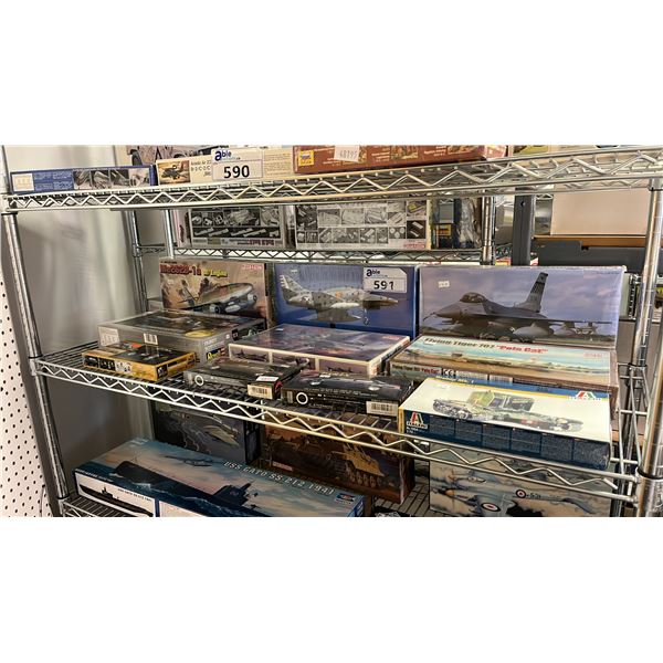 SHELF OF ASSORTED AIPLANE, CAR & MILITARY VEHICLE MODEL KITS
