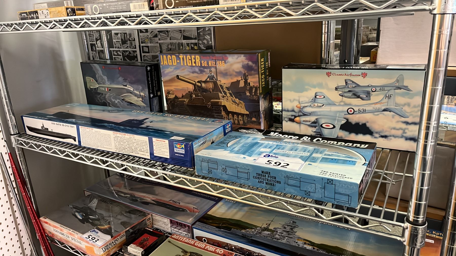 Model Tank Shelf SHELF OF ASSORTED MODEL KITS: SUBMARINE, WAREHOUSE, TANK & AIRPLANES ...