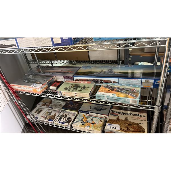 SHELF OF ASSORTED AIRPLANE & MILITARY VEHICLE MODEL KITS