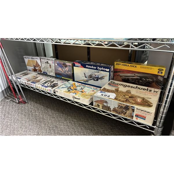 SHELF OF ASSORTED AIRPLANE, MILITARY VEHICLE & MILITARY FIGURE MODEL KITS