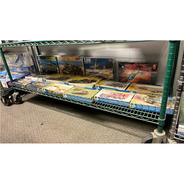 SHELF OF ASSORTED AIRPLANE & MILITARY VEHICLE MODEL KITS