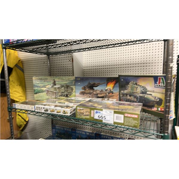 SHELF OF ASSORTED MILITARY VEHICLE MODEL KITS