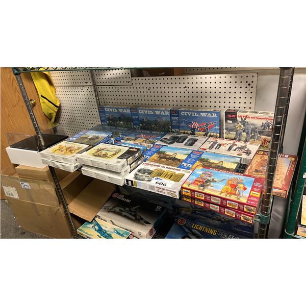 SHELF OF ASSORTED MODEL KITS: FIGURES & MILITARY ACCESSORIES