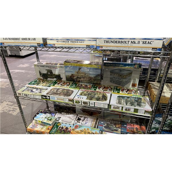 SHELF OF ASSORTED MILITARY VEHICLE & MILITARY FIGURE MODEL KITS