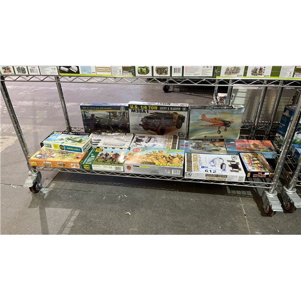 SHELF OF ASSORTED MILITARY VEHICLE & MILITARY FIGURE MODEL KITS