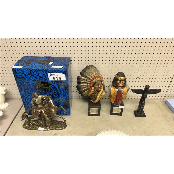 GERONIMO ON HORSEBACK SCULPTURE, (2) GERONIMO BUSTS, SITTING BULL BUST & CARVED WOOD TOTEM POLE