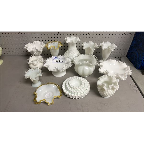 COLLECTION OF ASSORTED VINTAGE FENTON MILK GLASS: SOME SILVER CREST