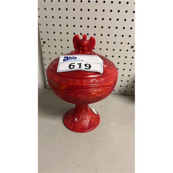 VINTAGE FENTON ART GLASS BICENTENNIAL JEFFERSON COVERED COMPOTE: APPROX. 10" TALL