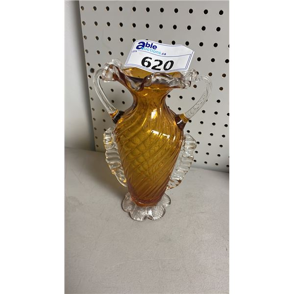 VINTAGE CHALET LEAD CRYSTAL AMBER SWIRL VASE WITH RUFFLED EDGES: APPROX. 10" TALL