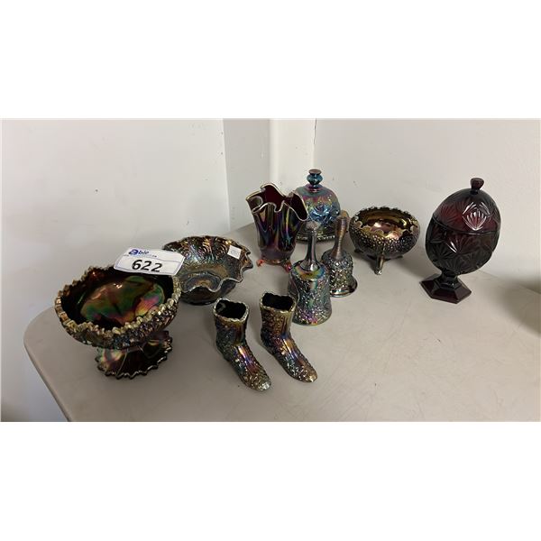 EGG SHAPED RUBY GLASS CANDY DISH & ASSORTED FENTON CARNIVAL GLASS