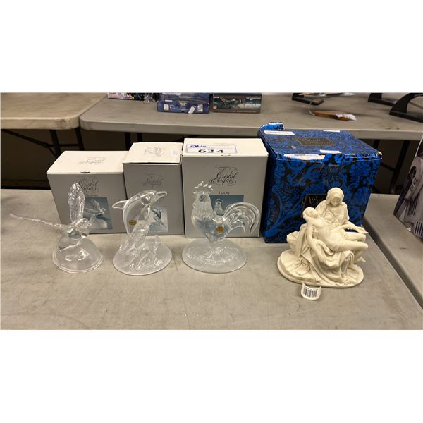 (3) LEAD CRYSTAL ANIMAL SCULPTURES & STATUE OF MICHELANGELO'S "PIETA": ALL WITH ORIGINAL BOXES