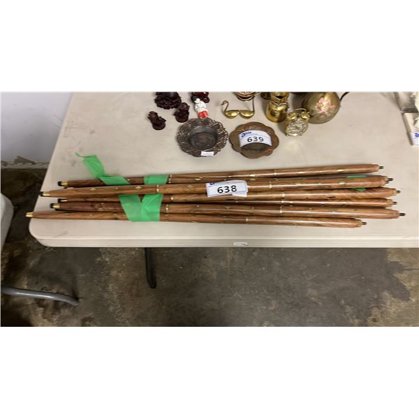 BUNDLE OF (10) HARDWOOD WALKING STICK SHAFTS WITH BRASS COLLAR FITTINGS & BRASS INLAY DESIGNS