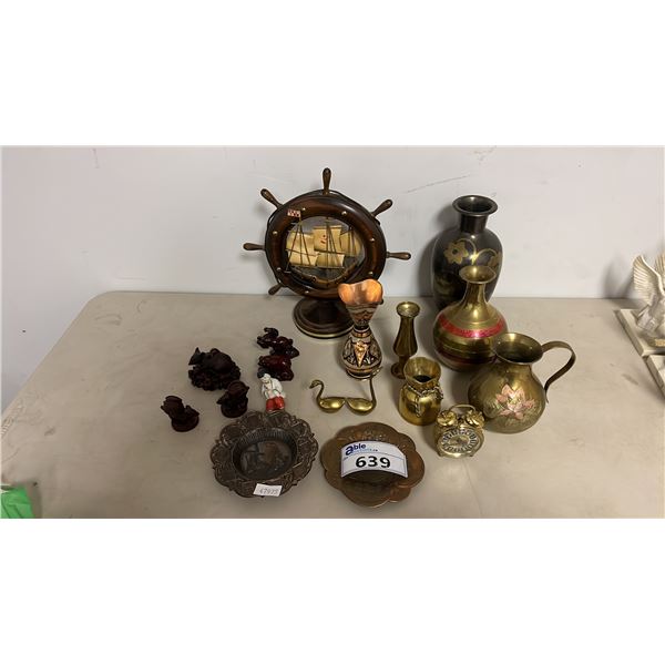 COLLECTION OF ASSORTED VINTAGE BRASS & ENAMEL VASES, DECORATIVE WOOD SHIP'S WHEEL & MORE