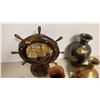 Image 4 : COLLECTION OF ASSORTED VINTAGE BRASS & ENAMEL VASES, DECORATIVE WOOD SHIP'S WHEEL & MORE