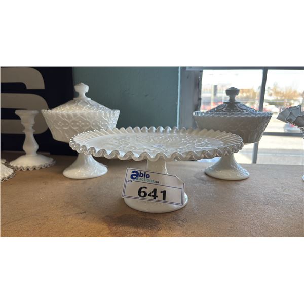 (3) PIECES OF VINTAGE FENTON SPANISH LACE PATTERN MILK GLASS: CAKE STAND & (2) PEDESTAL COMPOTE
