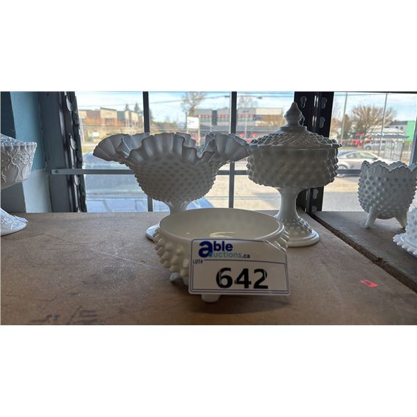 (3) PIECES OF VINTAGE FENTON HOBNAIL MILK GLASS: PEDESTAL DISH, PEDESTAL CRUET & FOOTED DISH