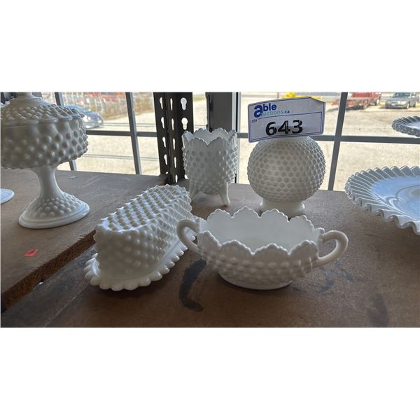 (4) PIECES OF VINTAGE FENTON HOBNAIL MILK GLASS: BUTTER DISH, HANDLED DISH & (2) VASES